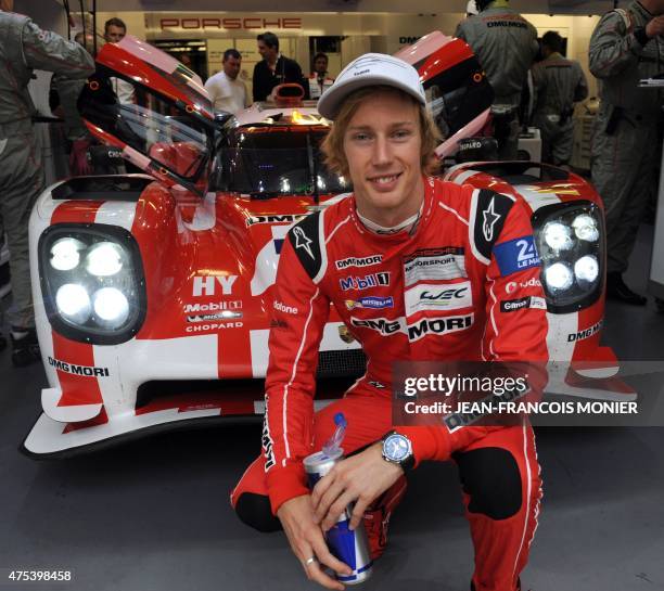 New Zealand's Brendon Hartley poses in front of his car after he clocked the best laps time in 3'21.091, during the test day of the 83th Le Mans 24...