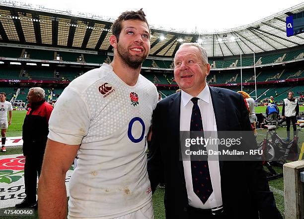 Josh Beaumont of England poses alongside his father Bill Beaumont during the Rugby Union International Match between England and The Barbarians at...