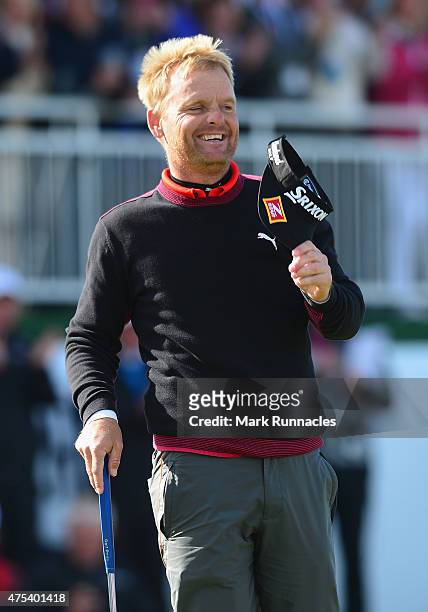 Soren Kjeldsen of Denmark reacts to his victory in a playoff on the 18th green during the Final Round of the Dubai Duty Free Irish Open Hosted by the...