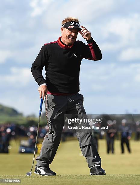 Soren Kjeldsen of Denmark reacts to his victory in a playoff on the 18th green during the Final Round of the Dubai Duty Free Irish Open Hosted by the...