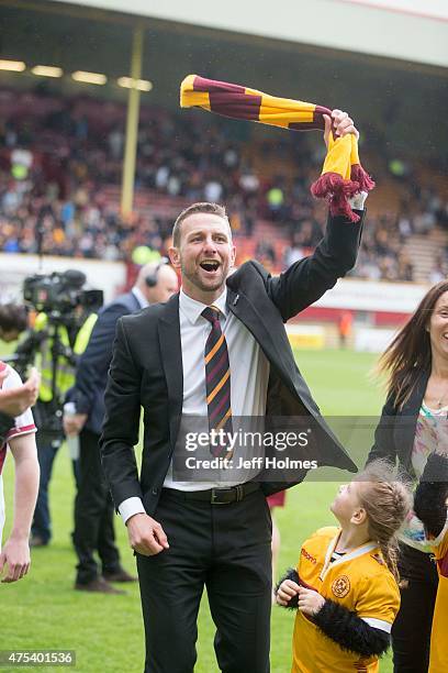 Motherwell manager Ian baraclough celebrates at the end of the Scottish Premiership play-off final 2nd leg between Motherwell and Rangers at Fir Park...