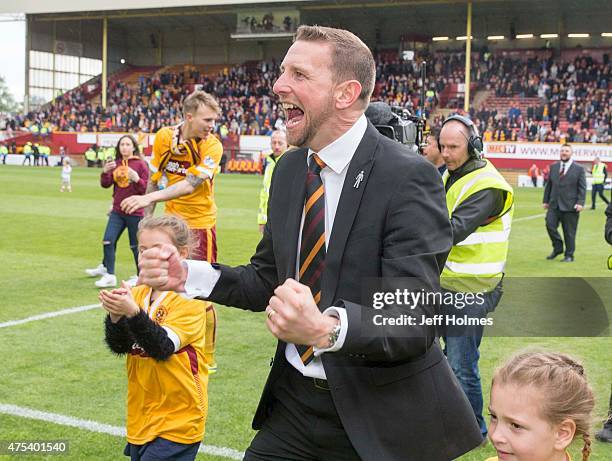 Motherwell manager Ian Baraclough celebrates at final whistle during the Scottish Premiership play-off final 2nd leg between Motherwell and Rangers...