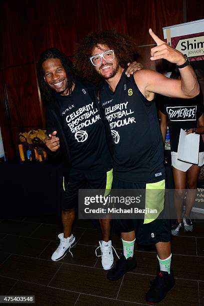 Granderson and Redfoo attend LA Gear Presents Sports Spectacular Charity Basketball Game Hosted By Tyga on May 30, 2015 in Los Angeles, California.