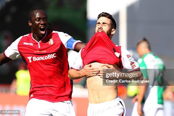 Braga's forward Rafa Silva and Braga's forward Eder celebrating Bragas goal during the Portuguese Cup Final between Sporting CP and SC Braga at...