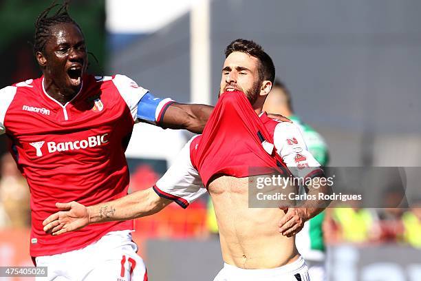 Braga's forward Rafa Silva and Braga's forward Eder celebrating Bragas goal during the Portuguese Cup Final between Sporting CP and SC Braga at...