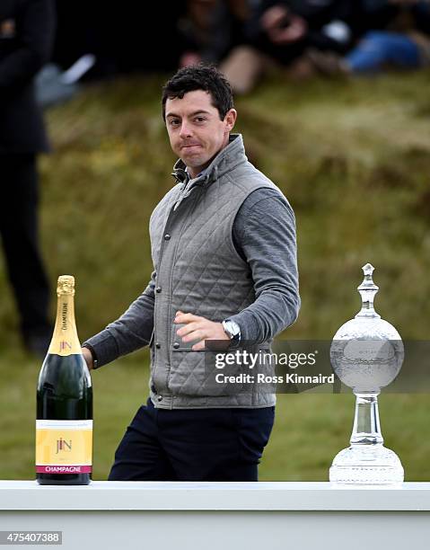 Rory McIlroy of Northern Ireland at the trophy presentation after the final round of The Dubai Duty Free Irish Open Hosted bt the Rory Foundation at...