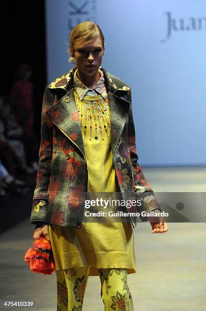 Model walks the runway during Juana de Arco show at the Buenos Aires Fashion Week in Predio Ferial La Rural on February 27, 2014 in Buenos Aires,...