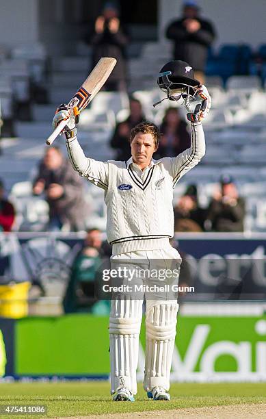 Watling of New Zealand celebrates scoring a century during day three of the 2nd Investec Test match between England and New Zealand at Headingley...