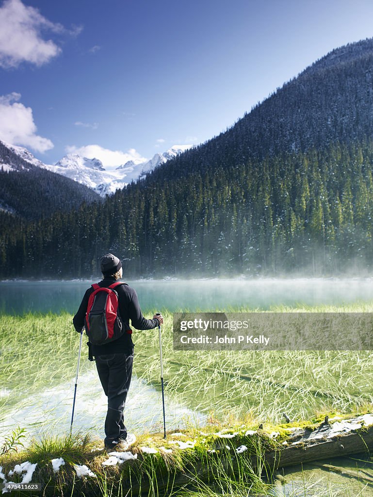 Male hiker relaxing by mountain lake