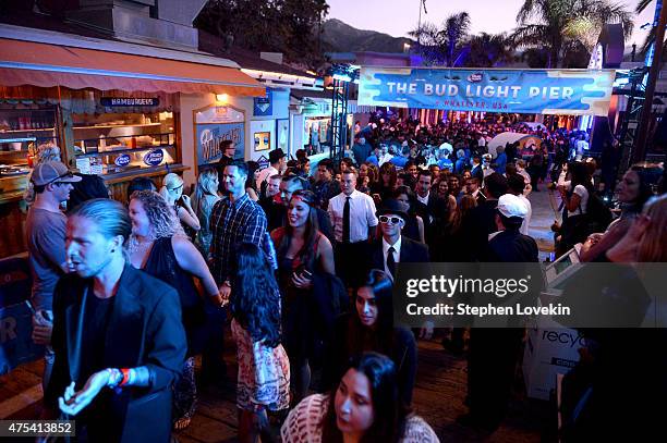 Attendees at Bud Lights Whatever, USA dress in 1920s attire for an alfresco dining experience on the Catalina Island pier on May 30, 2015 in...