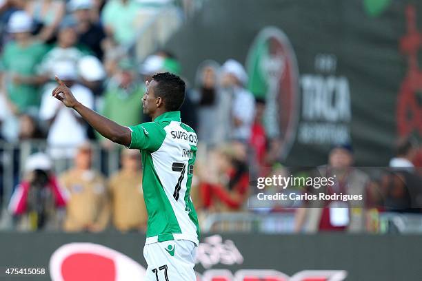 Sporting's midfielder Nani celebrates scoring a goal during the Portuguese Cup Final between Sporting CP and SC Braga at Estadio Nacional on May 31,...