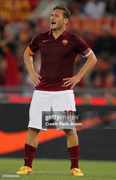 Francesco Totti of AS Roma reacts during the Serie A match between AS Roma and US Citta di Palermo at Stadio Olimpico on May 31, 2015 in Rome, Italy.