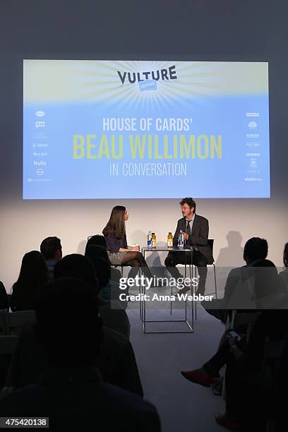 Gazelle Emami and writer Beau Willimon speak on stage during Vulture Festival Presents: Beau Willimon In Conversation at Milk Studios on May 31, 2015...