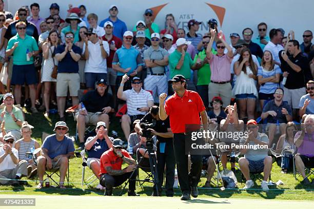 Steven Bowditch of Australia celebrates a birdie putt on the 17th hole during the Final Round of the AT&T Byron Nelson at the TPC Four Seasons Resort...