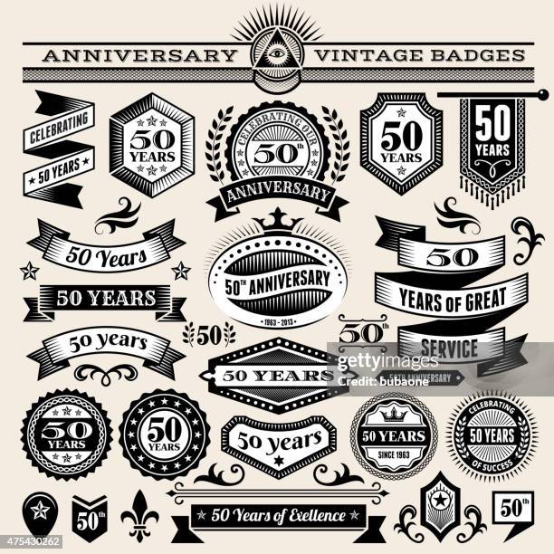 illustrazioni stock, clip art, cartoni animati e icone di tendenza di 50 anni anniversario disegnati a mano royalty-free sfondo vettoriale su carta - insignia