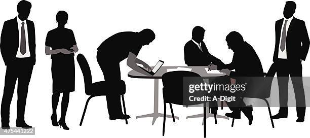 laptop setup - man in suit leaning over stock illustrations