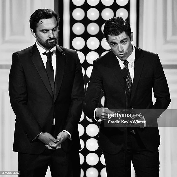 Actors Jake Johnson and Max Greenfield speak onstage during the 5th Annual Critics' Choice Television Awards at The Beverly Hilton Hotel on May 31,...