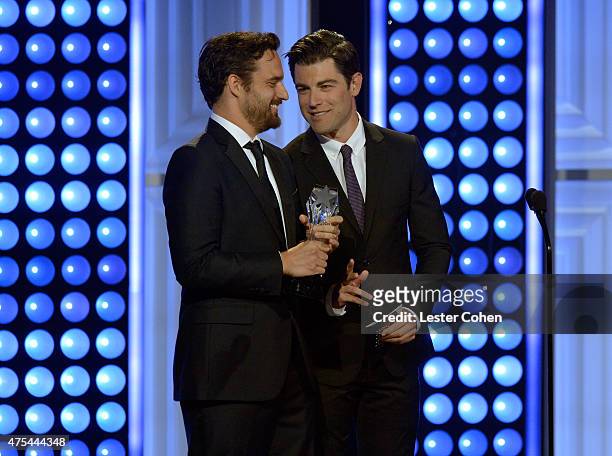 Actors Jake Johnson and Max Greenfield speak onstage at the 5th Annual Critics' Choice Television Awards at The Beverly Hilton Hotel on May 31, 2015...