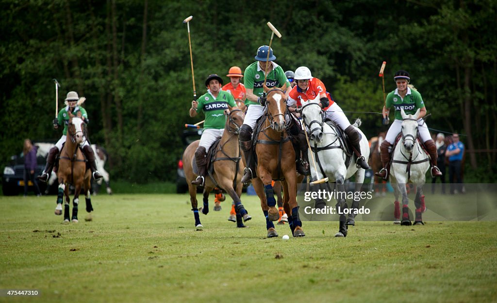 Two polo teams challenging for the ball