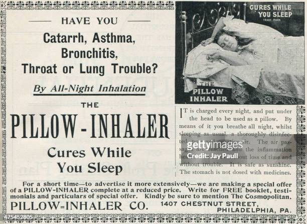 Advertisement for a pillow inhaler to cure catarrh, asthma, bronchitis, throat and lung problems by the Pillow Inhaler Company in Philadelphia,...