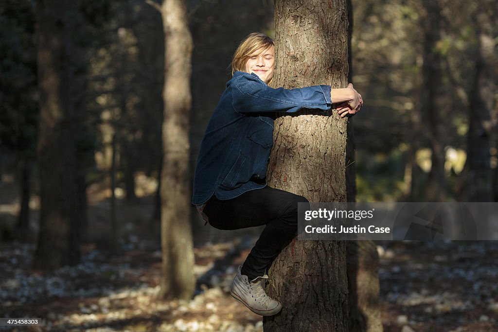 Young blond boy hugging a tree in the sunlight