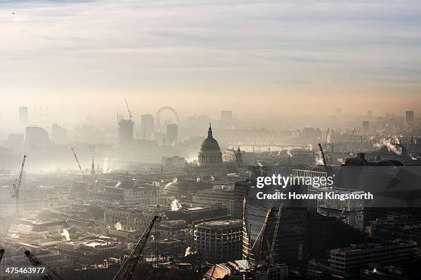 aerial of st paul's in the fog - smog foto e immagini stock