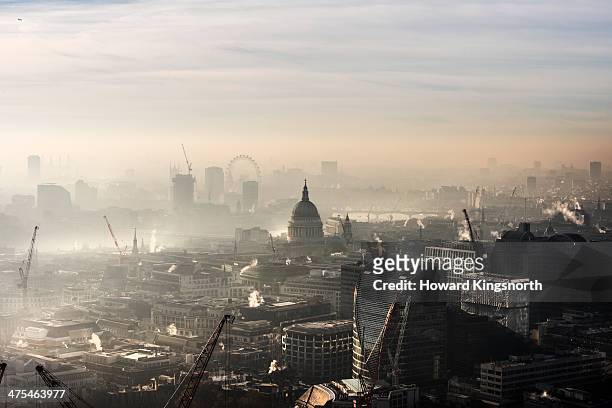 aerial of st paul's in the fog - air pollution stock pictures, royalty-free photos & images