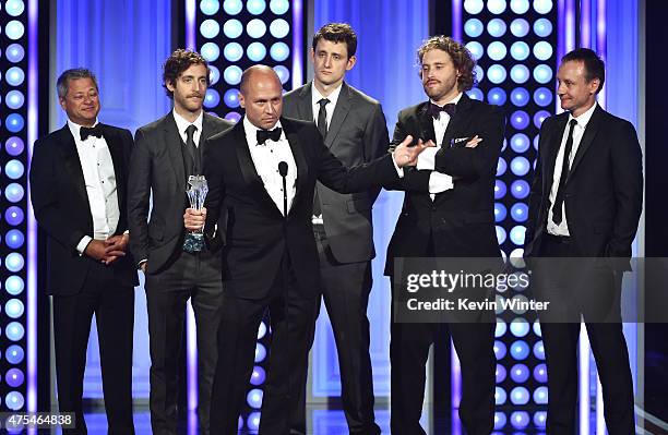 Producer Michael Rotenberg, actor Thomas Middleditch, writer-producer Mike Judge and actors Zach Woods, T. J. Miller and producer Alec Berg accept...