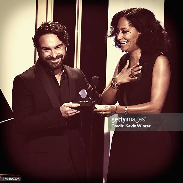 Actors Johnny Galecki and Tracee Ellis Ross speak onstage during the 5th Annual Critics' Choice Television Awards at The Beverly Hilton Hotel on May...