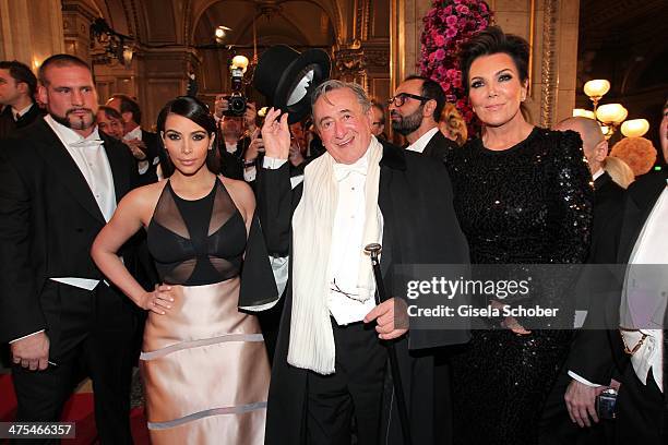 Kim Kardashian, Richard Lugner and mother of Kim, Kris Jenner attend the traditional Vienna Opera Ball at Vienna State Opera on February 27, 2014 in...