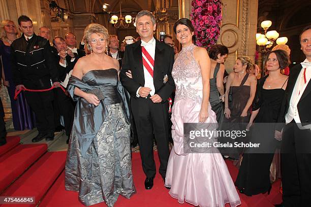 Viviane Reding, Michael Spindelegger and wife Margit attend the traditional Vienna Opera Ball at Vienna State Opera on February 27, 2014 in Vienna,...