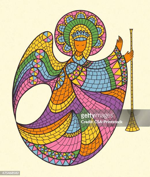 mosaic angel with horn - stained glass angel stock illustrations