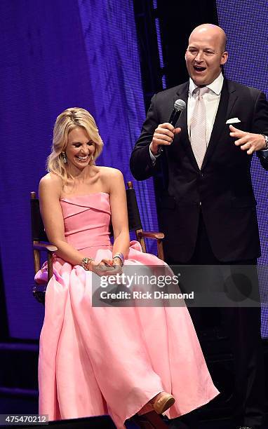 Elisabeth Hasselbeck and Tim Hasselbeck speak onstage during the 3rd Annual KLOVE Fan Awards at the Grand Ole Opry House on May 31, 2015 in...