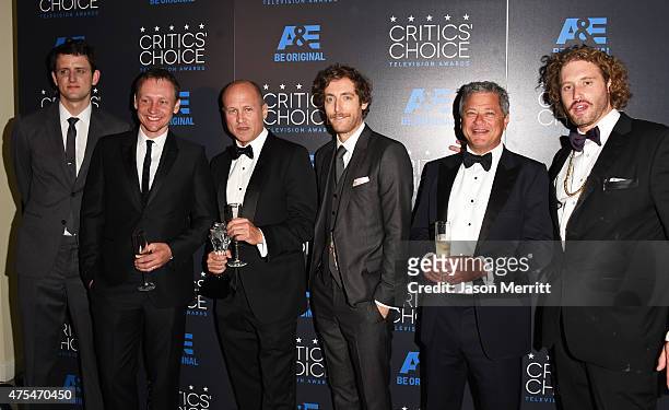 Actor Zach Woods, producer Alec Berg, writer-producer Mike Judge, actor Thomas Middleditch, producer Michael Rotenberg, and actor T. J. Miller,...