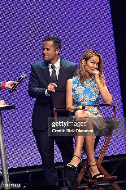 Host Kirk Cameron and wife actress Chelsea Noble speak onstage during the 3rd Annual KLOVE Fan Awards at the Grand Ole Opry House on May 31, 2015 in...