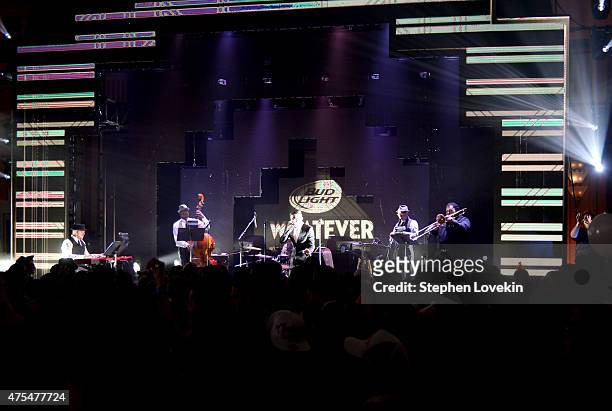 Attendees of Bud Lights Whatever, USA enjoy a performance by Postmodern Jukebox during the Saturday night Marquee event on May 30, 2015 in Catalina...