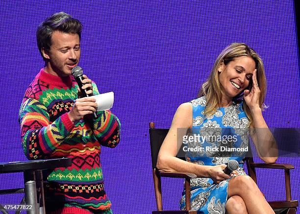 Mike Donehey of Tenth Avenue North and actress Chelsea Noble speak onstage during the 3rd Annual KLOVE Fan Awards at the Grand Ole Opry House on May...
