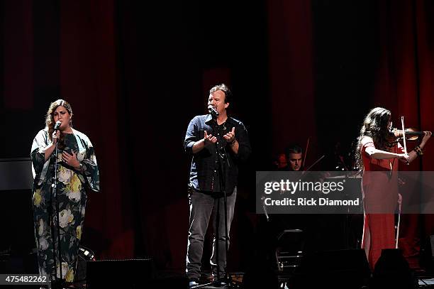 Megan Garrett, Mark Hall and Melodee Devevo of muscial group Casting Crowns perform onstage during the 3rd Annual KLOVE Fan Awards at the Grand Ole...