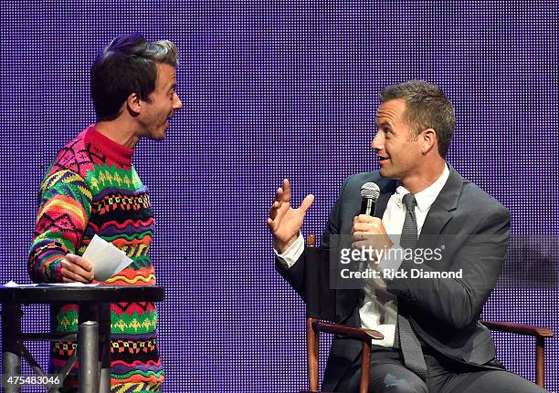 Mike Donehey and Kirk Cameron speak onstage during the 3rd Annual KLOVE Fan Awards at the Grand Ole Opry House on May 31, 2015 in Nashville,...