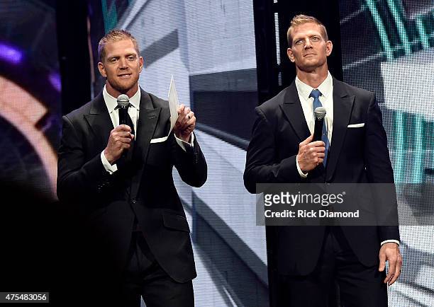 Authors David Benham and Jason Benham speak onstage during the 3rd Annual KLOVE Fan Awards at the Grand Ole Opry House on May 31, 2015 in Nashville,...