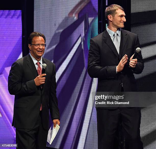 Basketball coach Tom Crean and professional basketball player Tyler Zeller speak onstage during the 3rd Annual KLOVE Fan Awards at the Grand Ole Opry...