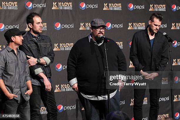 Music group Big Daddy Weave speak onstage in the press room during the 3rd Annual KLOVE Fan Awards at the Grand Ole Opry House on May 31, 2015 in...