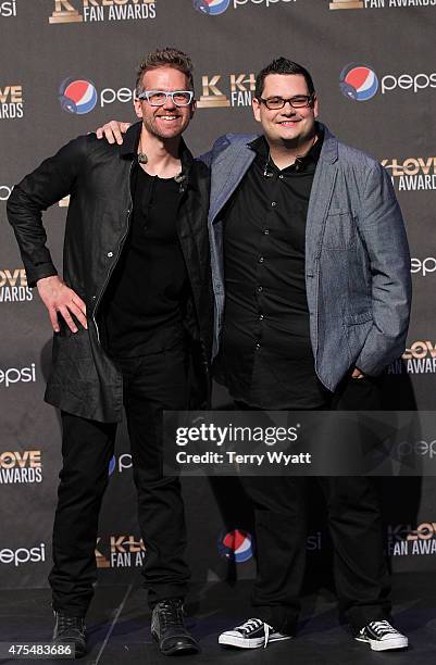 Ben McDonald and David Frey of Sidewalk Prophets speak onstage in the press room during the 3rd Annual KLOVE Fan Awards at the Grand Ole Opry House...