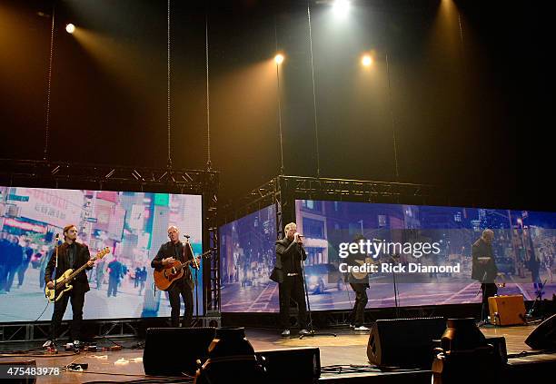 Nathan Cochran, Barry Graul, Bart Millard, Michael John Scheuchzer, and Robby Shaffer of MercyMe perform onstage during the 3rd Annual KLOVE Fan...