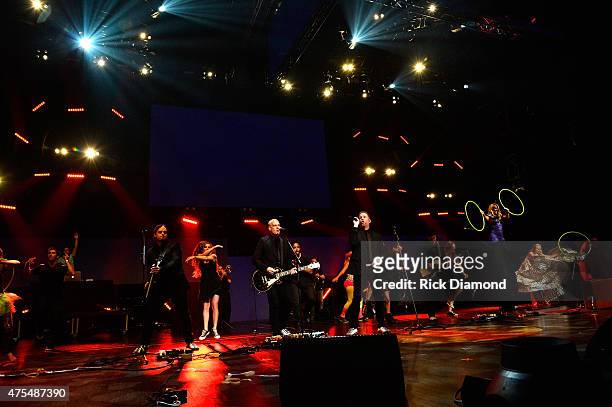 Nathan Cochran, Barry Graul, Bart Millard, Michael John Scheuchzer, and Robby Shaffer of MercyMe perform onstage during the 3rd Annual KLOVE Fan...
