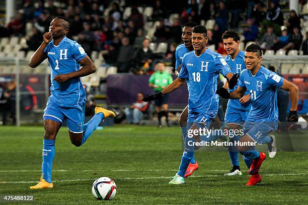 Honduras team mates celebrate after scoring a goal during the Group E Group E FIFA U-20 World Cup New Zealand 2015 match between Uzbekistan and...