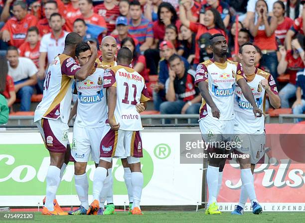 Marco Perez of Deportes Tolima celebrates after scoring the first goal of his team during a semifinal match between Medellin and Deportes Tolima as...