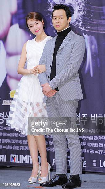 So E-Hyun and Park Yoo-Chun of JYJ attend the SBS drama 'Three Days' press conference at Imperial Palace on February 26, 2014 in Seoul, South Korea.