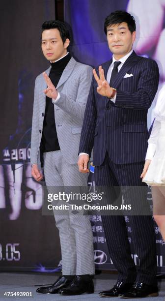 Park Yoo-Chun of JYJ and Son Hyun-Joo attend the SBS drama 'Three Days' press conference at Imperial Palace on February 26, 2014 in Seoul, South...