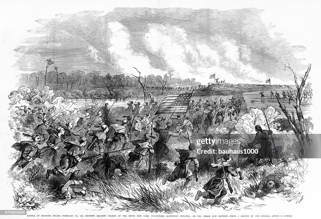 Battle of Roanoke Island, N.C. Civil War Engraving